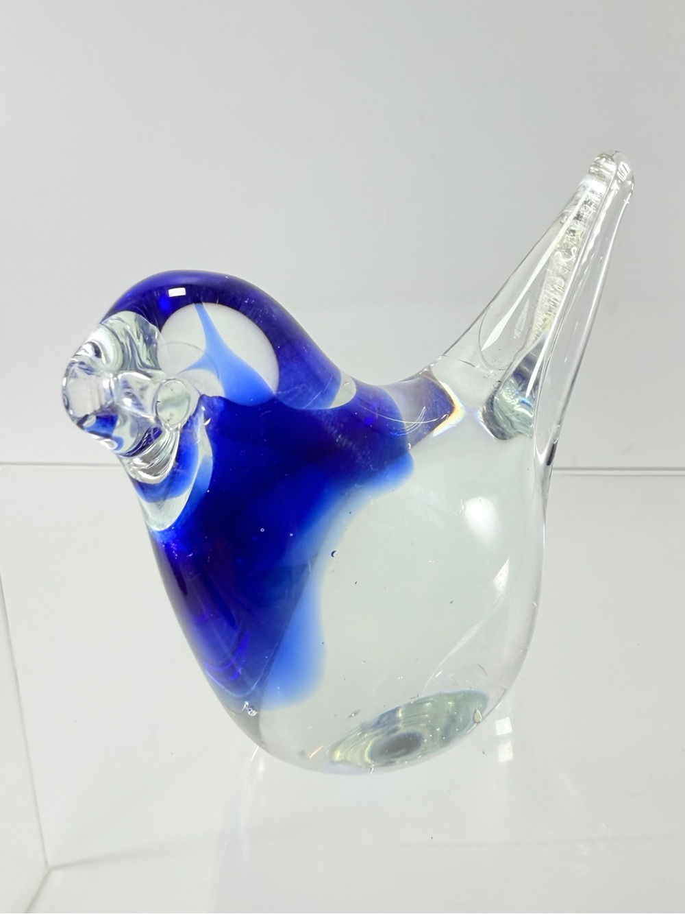 Hand Blown Studio Art Glass Cobalt Blue Clear Glass Bird Sommerso Paperweight